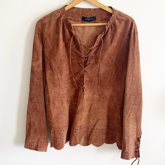 Siena studio lace front laser cut tan suede long sleeve western boho Top sz med - Picture 2 of 9